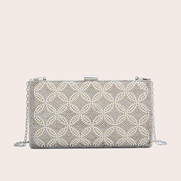 

Faux Pearl & Rhinestone Decor Clip Top Box Bag, Gold