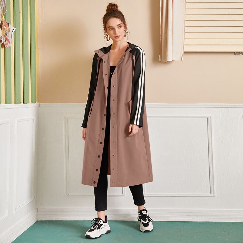 

Press Buttoned Striped Sleeve Hooded Coat, Redwood