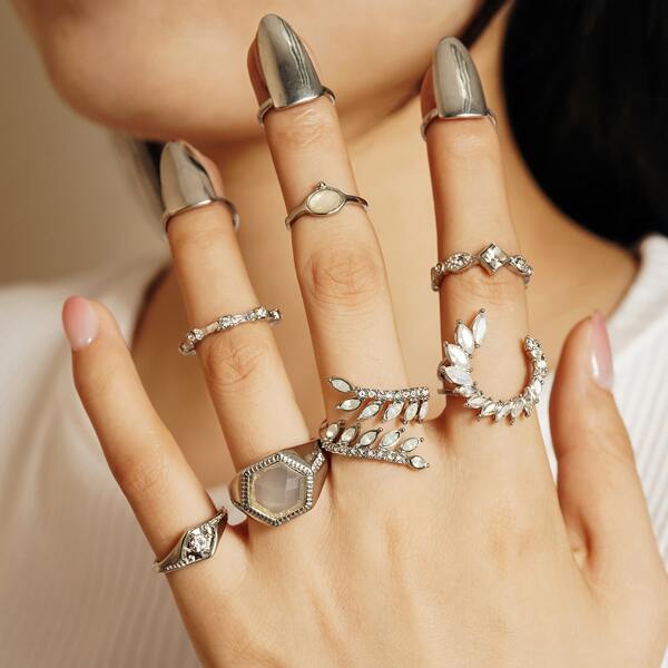 

10pcs Rhinestone Decor Ring, Silver