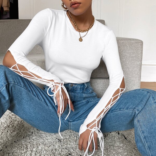 

Lace Up Sleeve Skinny Tee, White