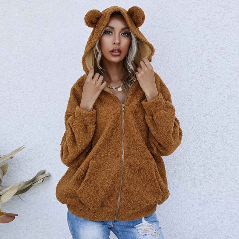 

Zip Up 3D Ear Hooded Teddy Jacket, Brown
