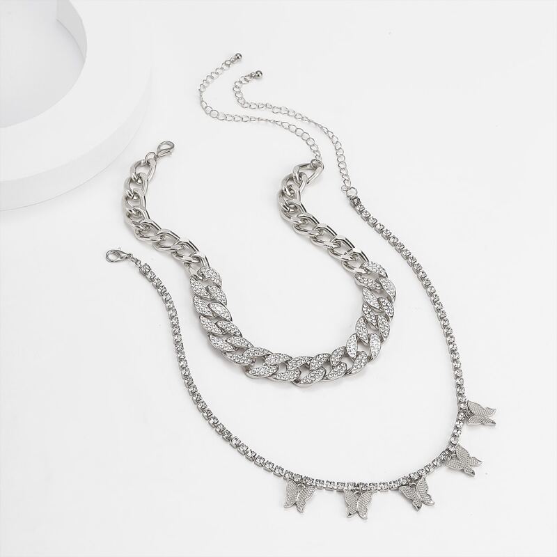 

2pcs Rhinestone Butterfly Chunky Chain Necklace, Silver
