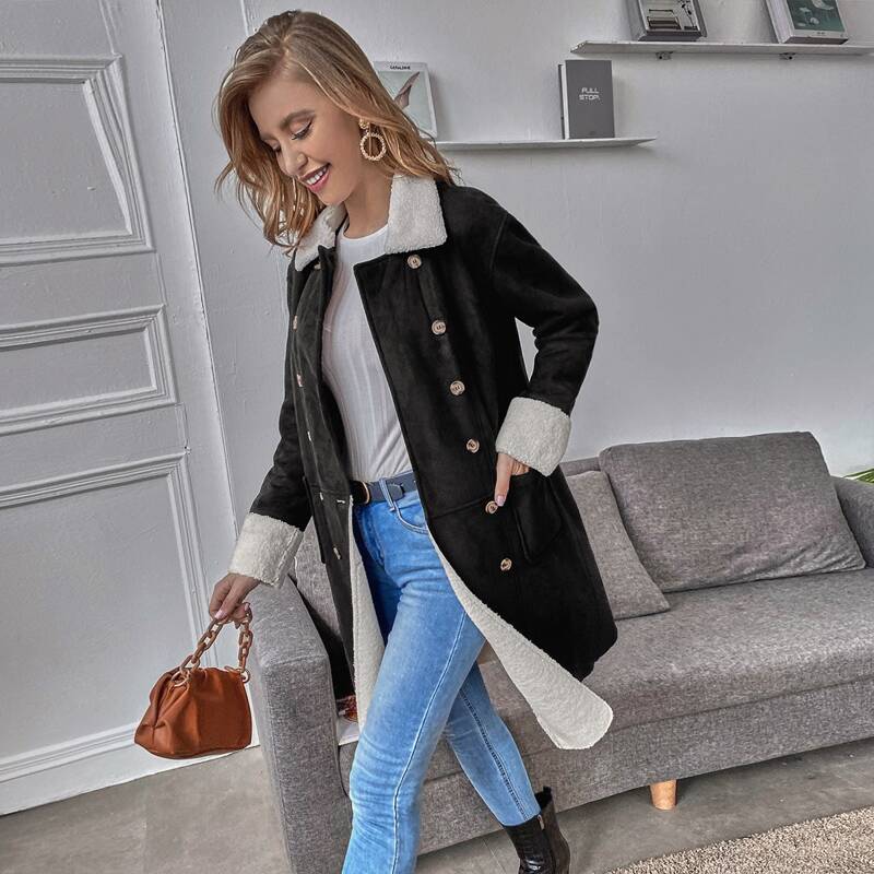 

Double Breasted Dual Pocket Sherpa Lined Suede Coat, Black