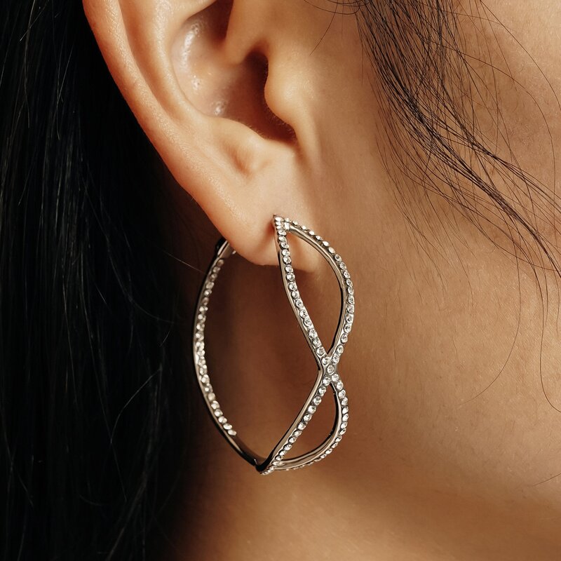

Rhinestone Decor Hoop Earrings, Silver
