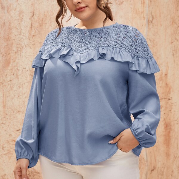 

Plus Ruffle Trim Keyhole Back Bishop Sleeve Blouse, Blue