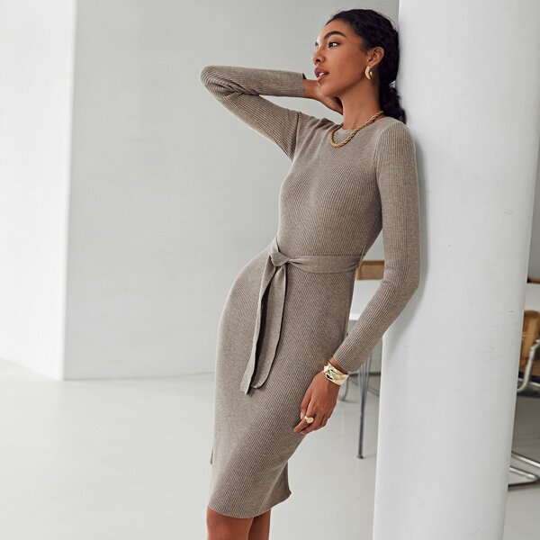 

Split Back Ribbed Knit Belted Sweater Dress, Khaki