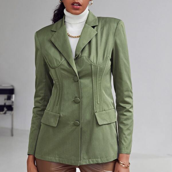 

Notched Collar Single Breasted Seam Front Blazer, Army green