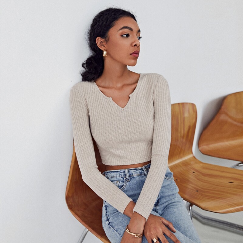 

Notched Neck Waffle Knit Crop Tee, Beige