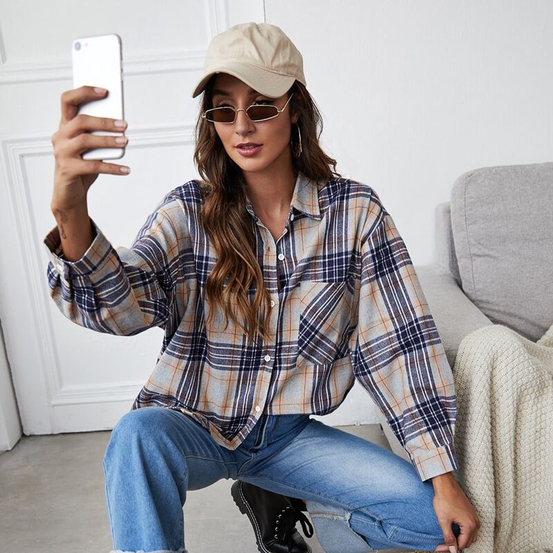 

Tartan Button Through Oversized Blouse, Multicolor