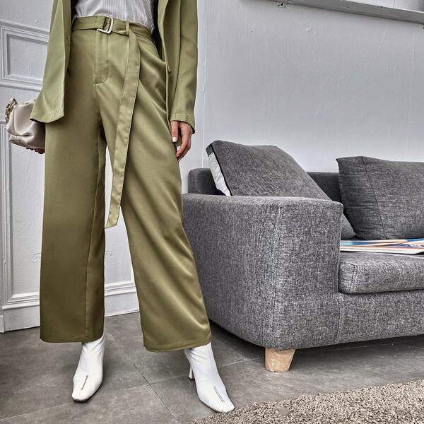 

Solid Belted Wide Leg Pants, Olive green