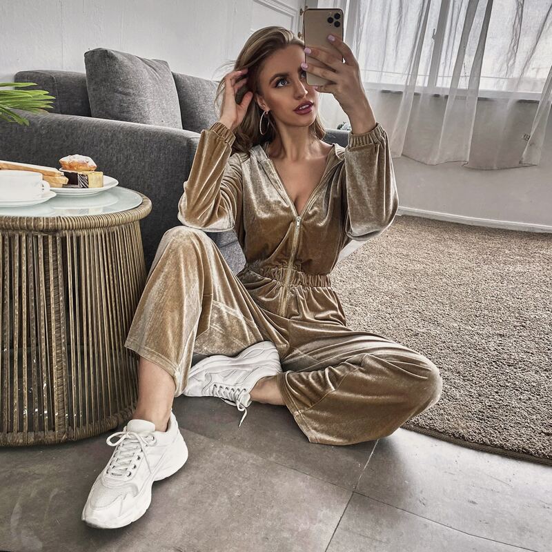 

Velvet Half Zip Hooded Jumpsuit, Khaki