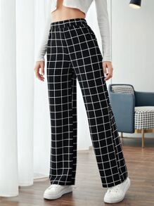 SHEIN Pantalones con estampado de cuadros de cintura elástica - Negro - Ver 1