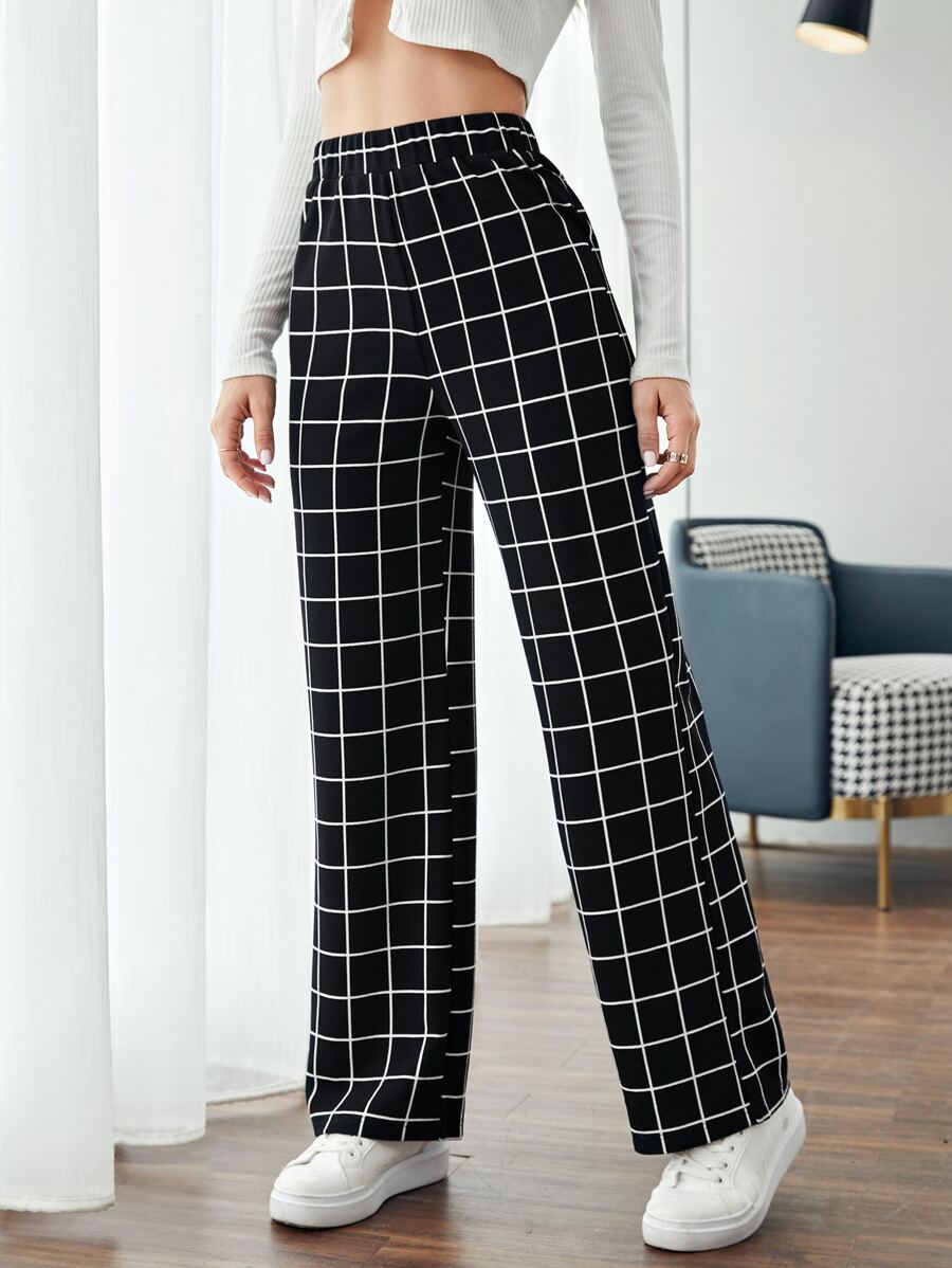 SHEIN Pantalones con estampado de cuadros de cintura elástica - Negro - Ver 1