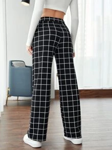SHEIN Pantalones con estampado de cuadros de cintura elástica - Negro - Ver 2