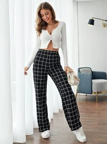 SHEIN Pantalones con estampado de cuadros de cintura elástica - Negro - Ver 4