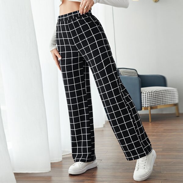 

Elastic Waist Grid Print Pants, Black