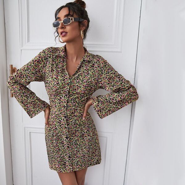 

Ditsy Floral Button Up Shirt Dress, Multicolor