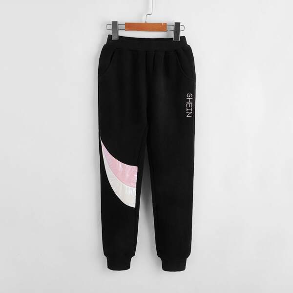 

Girls Letter Embroidered Colorblock Joggers, Black