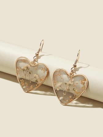 Flower Design Heart Charm Drop Earrings Valentines