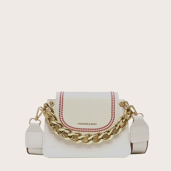 

Croc Embossed Flap Chain Satchel Bag, White