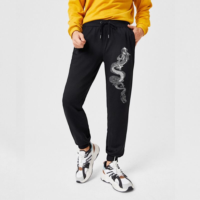 

Guys Chinese Dragon Graphic Sweatpants, Black