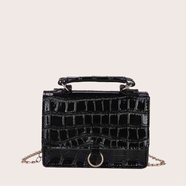 

Croc Embossed Flap Chain Satchel Bag, Black