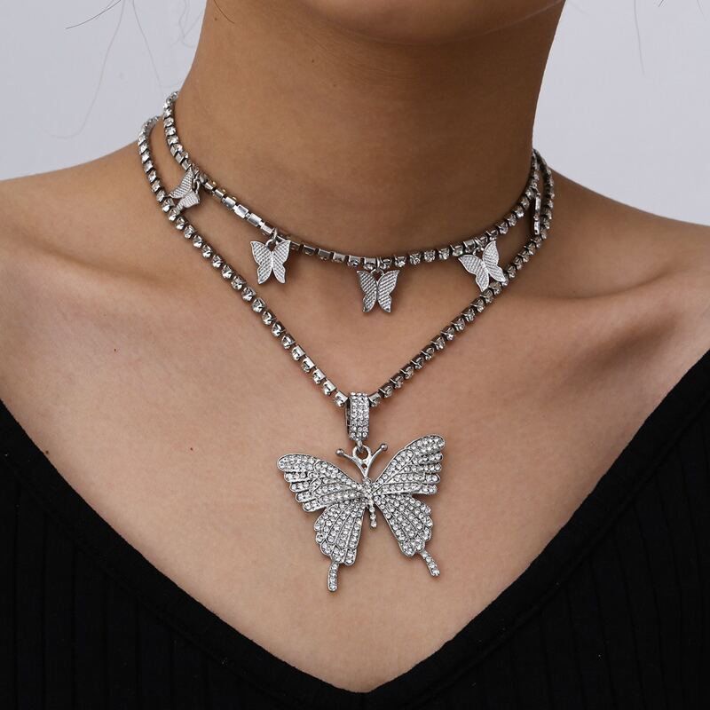 

2pcs Rhinestone Butterfly Necklace, Silver