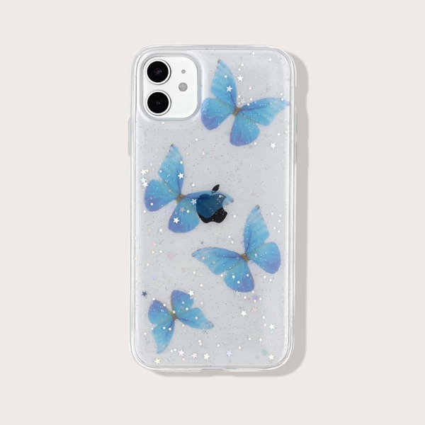 

Butterfly Print Glitter iPhone Case, Blue clear