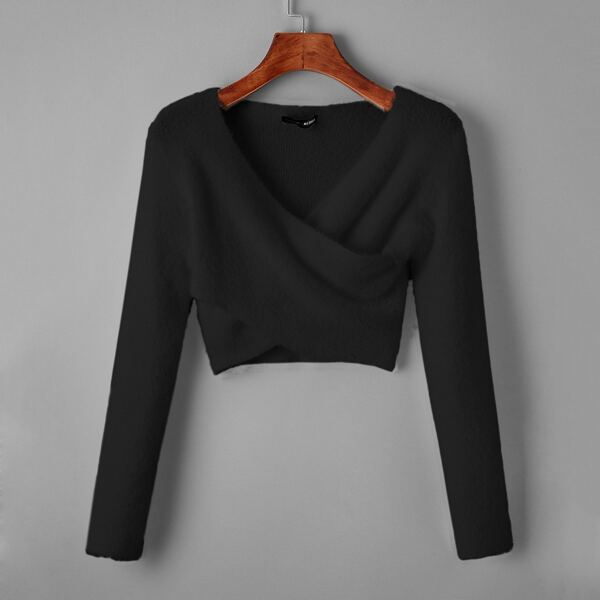

Surplice Neck Fuzzy Crop Sweater, Black