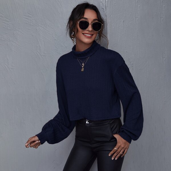 

Funnel Neck Drop Shoulder Textured Tee, Navy blue