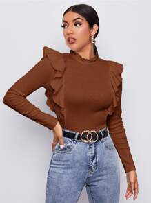 SHEIN Privé Frill Neck Ruffle Trim Form Fitted Top - Brown - View 1