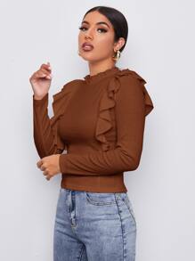 SHEIN Privé Frill Neck Ruffle Trim Form Fitted Top - Brown - View 3