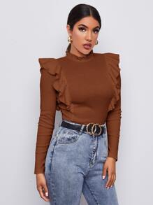 SHEIN Privé Frill Neck Ruffle Trim Form Fitted Top - Brown - View 4