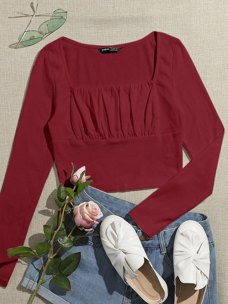 SHEIN Qutie 方形領抽褶胸短版上衣 - 酒紅色 - 查看 1