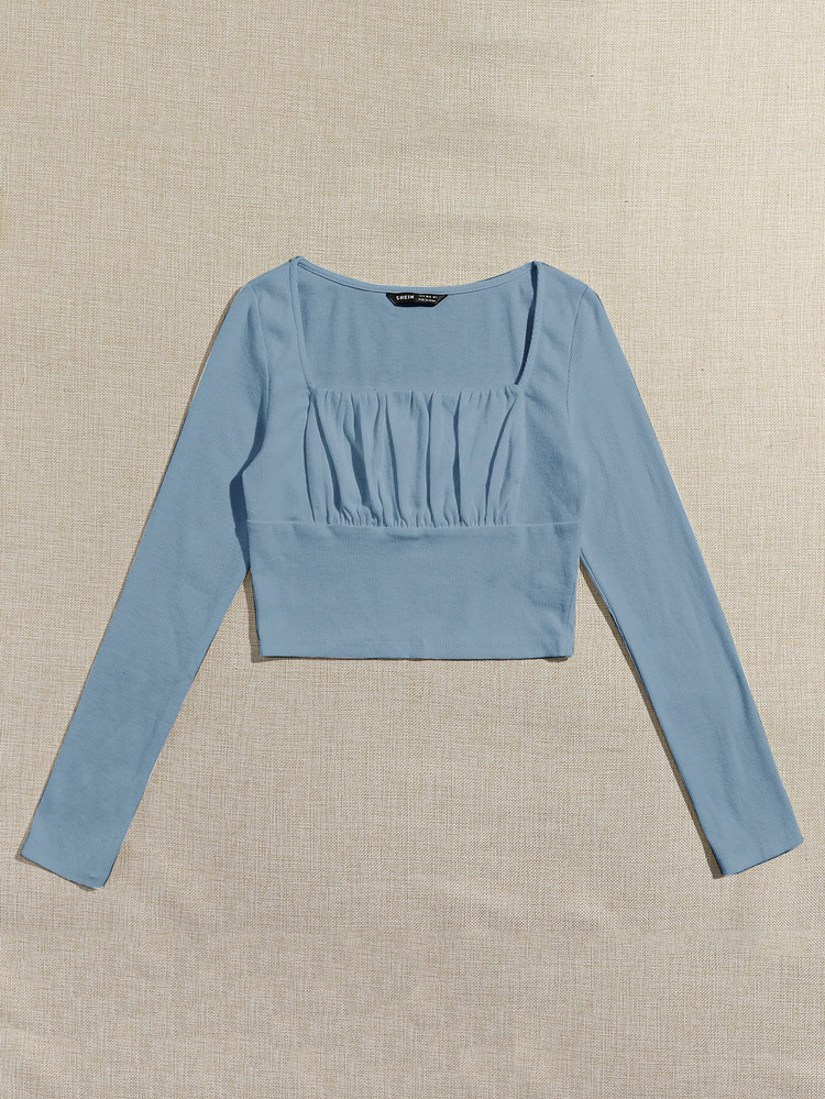 Muchica Square Neck Ruched Bust Crop Top - Dusty Blue - View 3