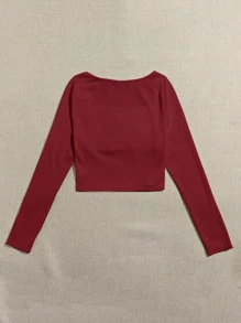 SHEIN Qutie 方形領抽褶胸短版上衣 - 酒紅色 - 查看 2