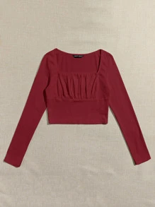 SHEIN Qutie 方形領抽褶胸短版上衣 - 酒紅色 - 查看 3