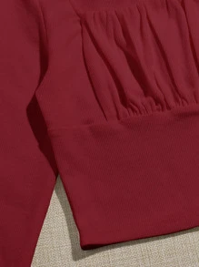 SHEIN Qutie 方形領抽褶胸短版上衣 - 酒紅色 - 查看 5