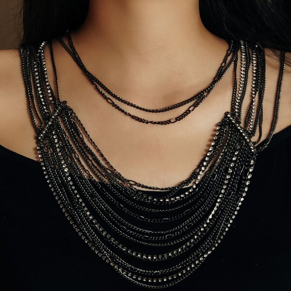 

Rhinestone Decor Layered Necklace, Gun black