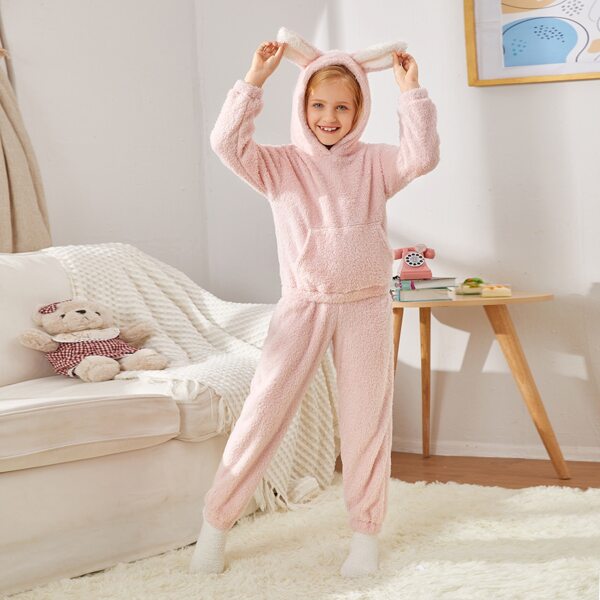 

Girls 3D Ears Design Teddy Hoodie & Pants PJ Set, Pastel baby pink