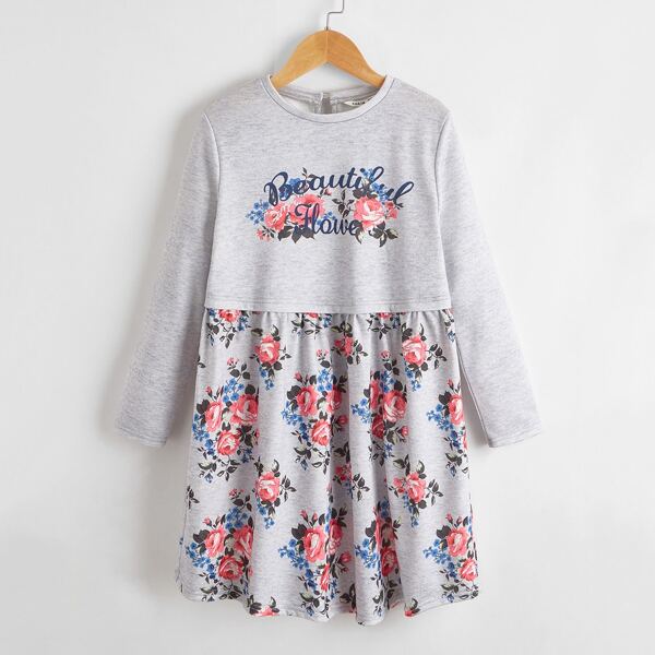 

Girls Letter and Floral Print Dress, Light grey