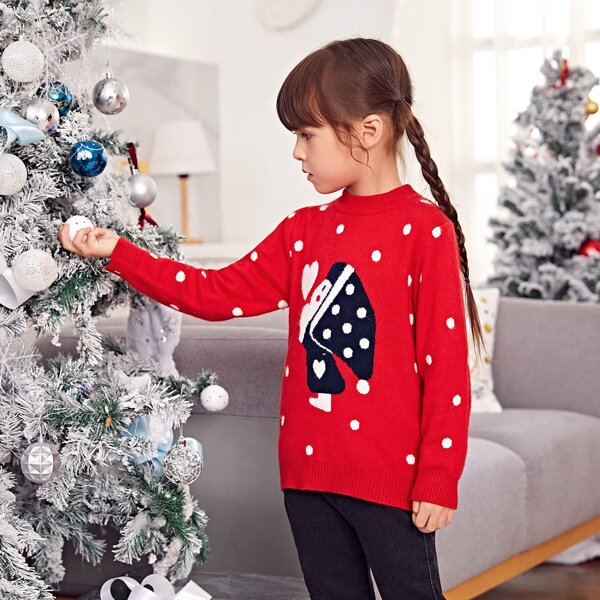 

Toddler Girls Cartoon & Polka Dot Pattern Sweater, Red