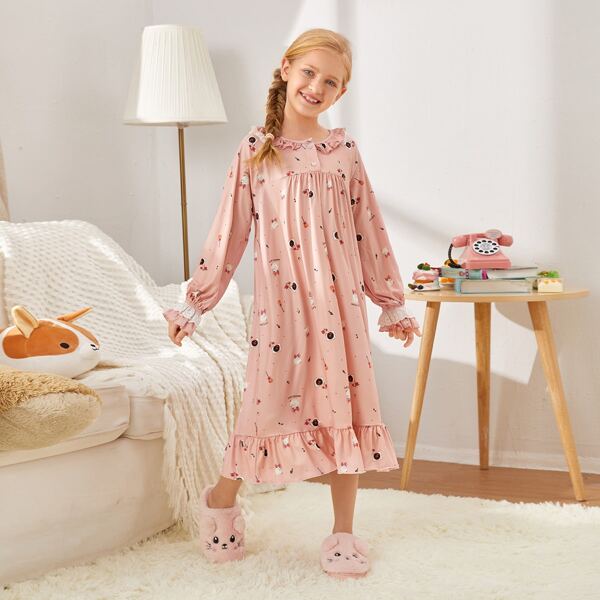 

Girls Cat and Floral Print Flounce Hem Nightdress, Baby pink