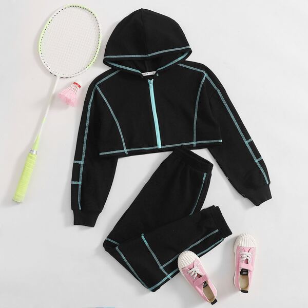 

Girls Contrast Stitch Zipper Up Hoodie & Sweatpants Set, Black