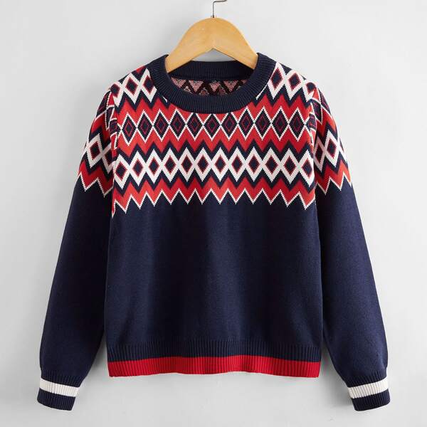 

Boys Argyle Pattern Round Neck Sweater, Multicolor