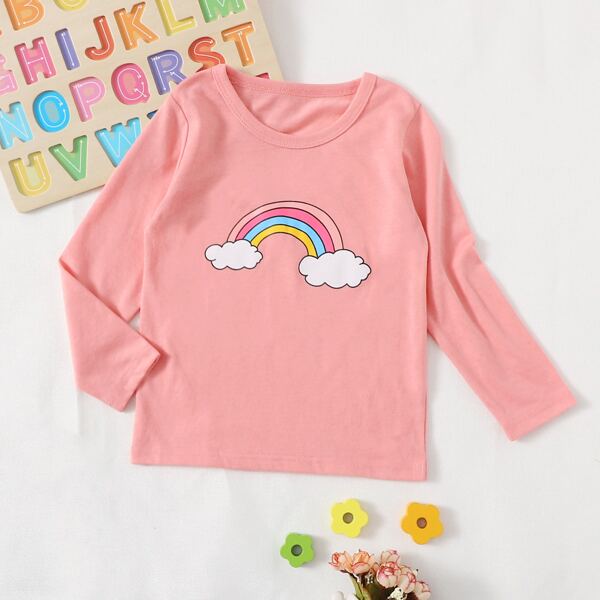 

Toddler Girl Rainbow Print Round Neck Tee, Coral pink