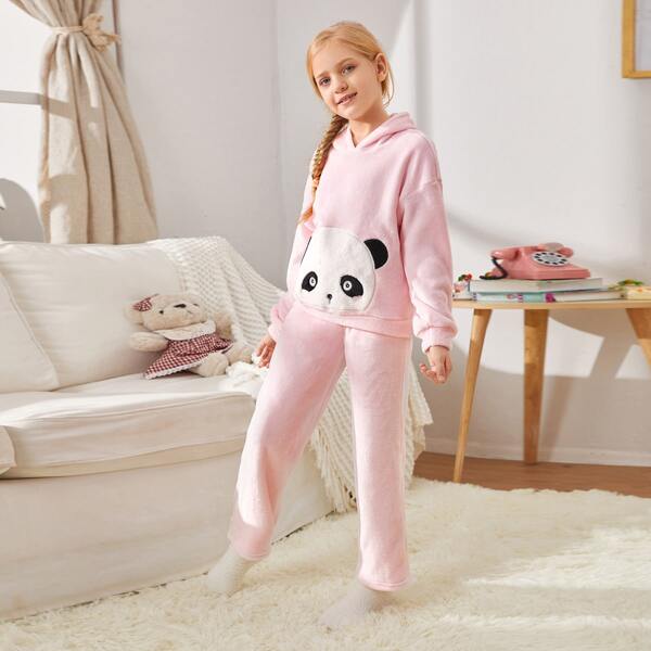 

Girls Panda Embroidered Teddy Hoodie & Pants PJ Set, Pastel baby pink