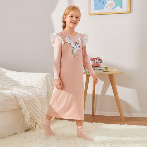 

Girls Contrast Ruffle Detail Unicorn Print Nightdress, Pastel baby pink