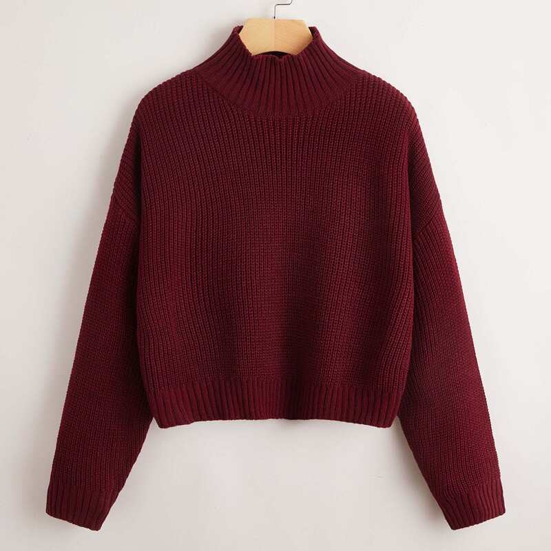 

High Neck Drop Shoulder Chunky Knit Sweater, Maroon