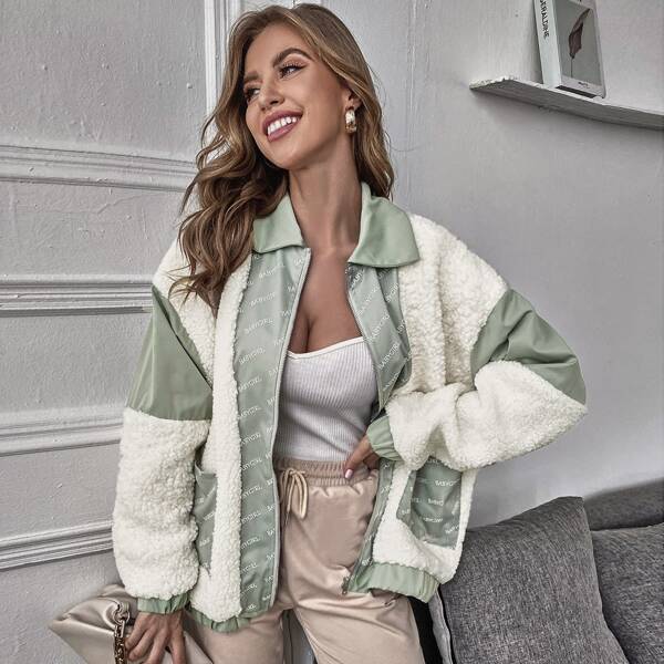 

Letter Graphic Drop Shoulder Teddy Jacket, Multicolor